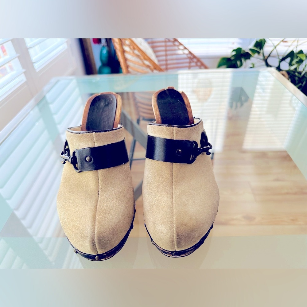 Enzo Angiolini Tan Leather & Wood Platform Clog Mule slip on women’s